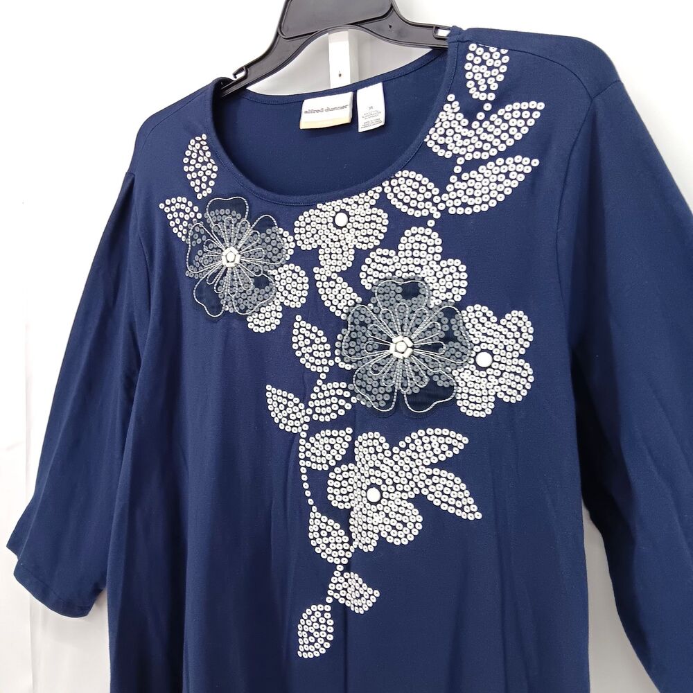 Alfred Dunner Shirt Women Size 3X Navy Blue Floral Sequin 3/4 Sleeve Casual Top - Picture 2 of 5